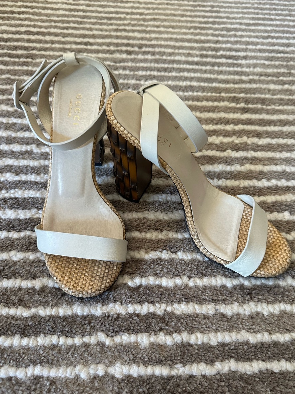 Gucci White Leather Woven Bamboo Heel Sandals